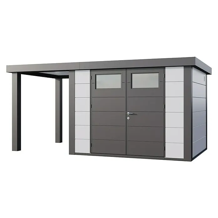 Telluria Metallgerätehaus Classico 3024 mit Open Lounge S links inkl. Elektro-Set - Außenmaß inkl. Dachüberstand (B x T): 486 x 258 cm, Stahl, Weiß/Anthrazit, Inkl. Innenwandverkleidung & Elektro-Set - Graues Gartenhaus mit Doppeltür und kleinem Vordach, ideal für die Aufbewahrung von Gartengeräten und -möbeln im Außenbereich.