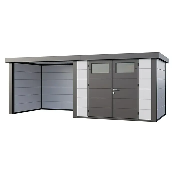 Telluria Metallgerätehaus Classico 3024 mit Lounge S links inkl. Elektro-Set - Außenmaß inkl. Dachüberstand (B x T): 602 x 258 cm, Stahl, Weiß/Anthrazit, Inkl. Innenwandverkleidung & Elektro-Set - Ein modernes Gartenhaus mit Doppeltür und einem offenen Anbau, ideal für die Aufbewahrung und als Unterstand im Freien.