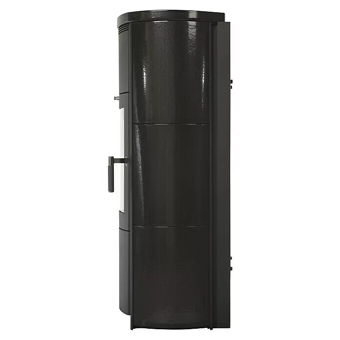 Hark Kaminofen Keno ECOplus - 5 kW, Raumheizvermögen: 138 m³, Material Verkleidung: Keramik, Meteor-Schwarz - Dunkelgrauer, texturierter zylindrischer Ofen mit vertikalem Fenster und Griff an der Seite.