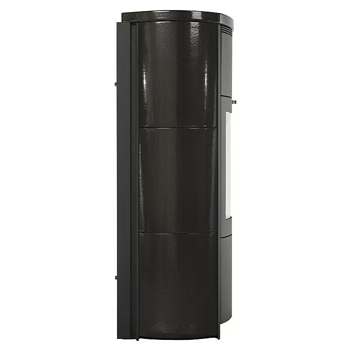 Hark Kaminofen Keno ECOplus - 5 kW, Raumheizvermögen: 138 m³, Material Verkleidung: Keramik, Meteor-Schwarz - Dunkelgrauer Pelletsofen aus Metall mit strukturierter Oberfläche und weißem Akzentpanel.
