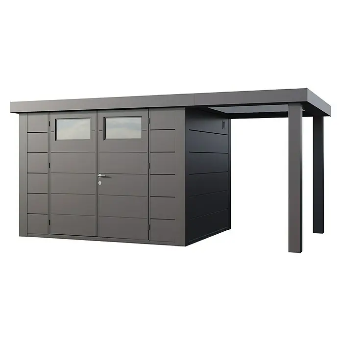 Telluria Metallgerätehaus Classico 3024 mit Open Lounge S rechts inkl. Elektro-Set - Außenmaß inkl. Dachüberstand (B x T): 486 x 258 cm, Stahl, Anthrazit, Inkl. Innenwandverkleidung & Elektro-Set - Modernes Gerätehaus mit Doppeltür und Vordach bietet viel Stauraum und Schutz vor Witterungseinflüssen. Ideal für Gartenwerkzeug und mehr.