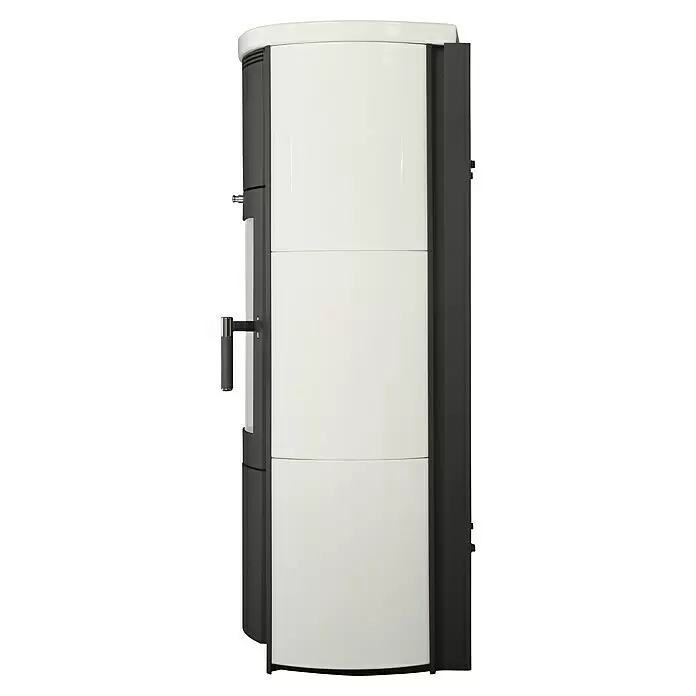 Hark Kaminofen Keno ECOplus - 5 kW, Raumheizvermögen: 138 m³, Material Verkleidung: Keramik, Creme/Weiß - Moderner weißer und anthrazitfarbener freistehender Ofen mit schlankem Design und seitlichem Griff.