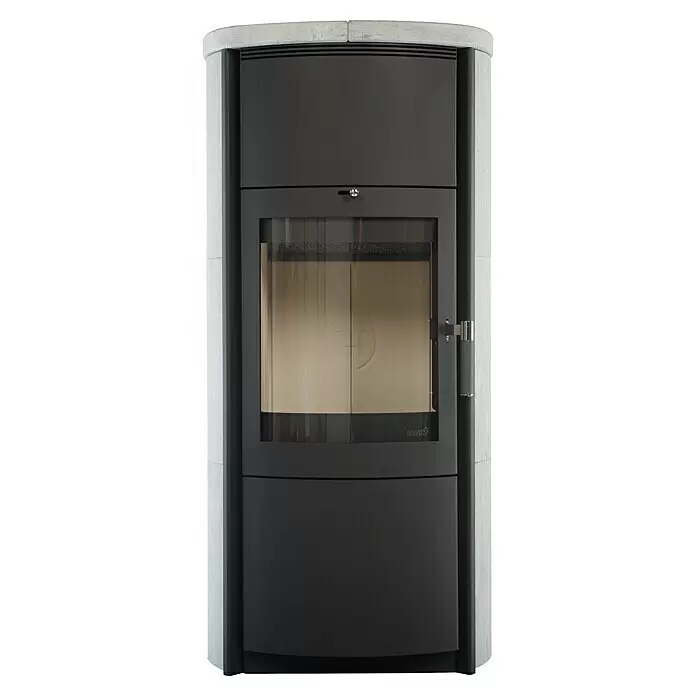 Hark Kaminofen Keno ECOplus - 5 kW, Raumheizvermögen: 138 m³, Material Verkleidung: Stahl, Grau - Dunkelgrauer Kaminofen mit hellgrauer Steinverkleidung an Seiten und Oberseite.