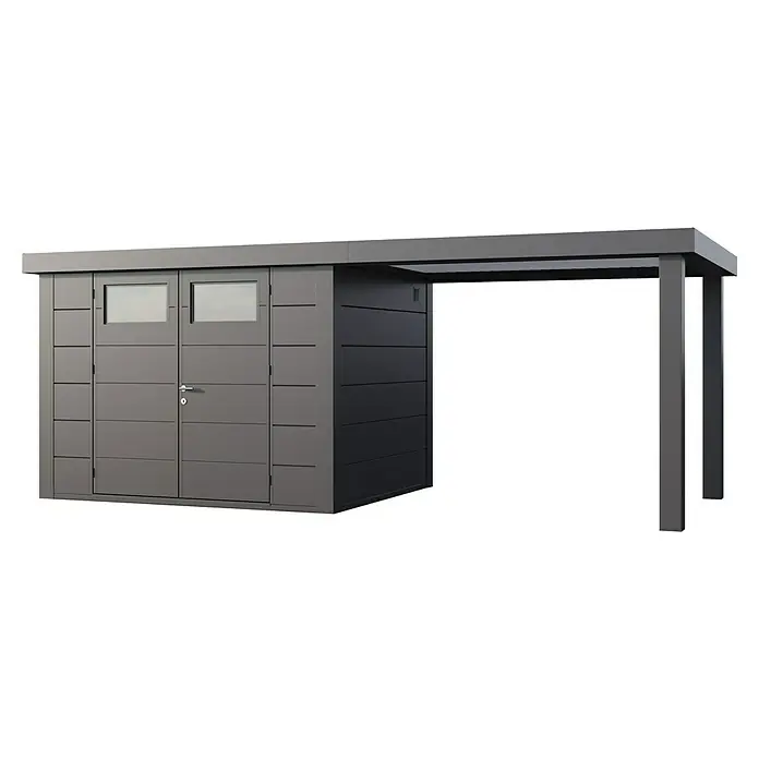 Telluria Metallgerätehaus Classico 3024 mit Open Lounge L rechts - Außenmaß inkl. Dachüberstand (B x T): 602 x 258 cm, Stahl, Anthrazit, Ohne Set - Ein graues Gerätehaus mit Doppeltür, Fenstern und einem seitlichen Carport-Anbau bietet praktischen Stauraum und Wetterschutz.