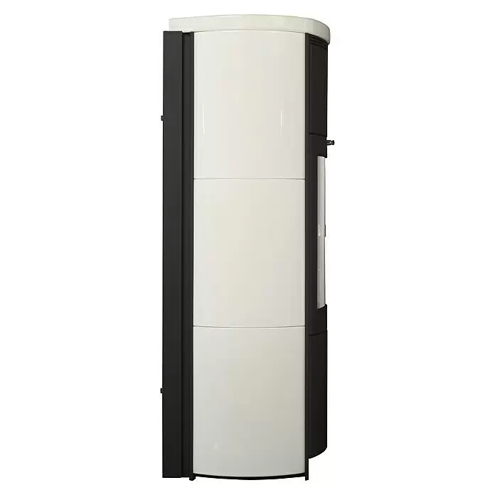 Hark Kaminofen Keno ECOplus - 5 kW, Raumheizvermögen: 138 m³, Material Verkleidung: Keramik, Creme/Weiß - Hoher, moderner weiß-schwarzer Heizofen mit glänzenden geteilten Frontplatten.