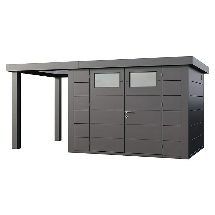 Telluria Metallgerätehaus Classico 3024 mit Open Lounge S links inkl. Elektro-Set - Außenmaß inkl. Dachüberstand (B x T): 486 x 258 cm, Stahl, Anthrazit, Inkl. Innenwandverkleidung & Elektro-Set - Das Bild zeigt ein modernes Gerätehaus mit einer Überdachung, ideal für Garten und Freizeit. Es bietet Stauraum und Schutz im Außenbereich.