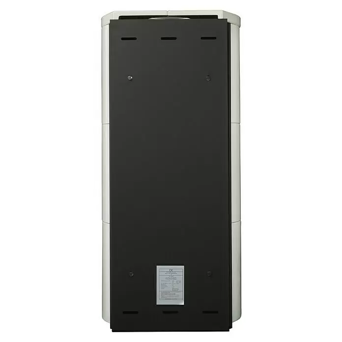 Hark Kaminofen Keno ECOplus - 5 kW, Raumheizvermögen: 138 m³, Material Verkleidung: Keramik, Creme/Weiß - Rückansicht eines hohen, weißen Geräts mit dunkelgrauer Metallplatte, Lüftungsschlitzen und Produktetikett.