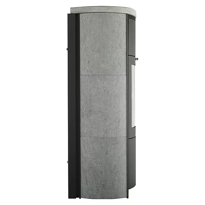 Hark Kaminofen Keno ECOplus - 5 kW, Raumheizvermögen: 138 m³, Material Verkleidung: Stahl, Grau - Moderner Kaminofen mit grauer Natursteinverkleidung und dunkelgrauen Metallseiten, mit Glassichtscheibe.