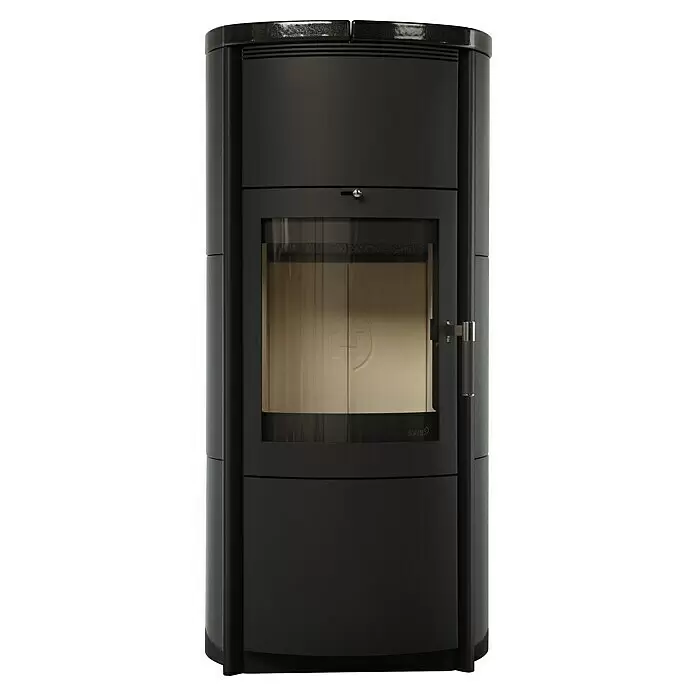 Hark Kaminofen Keno ECOplus - 5 kW, Raumheizvermögen: 138 m³, Material Verkleidung: Keramik, Meteor-Schwarz - Schwarzer Kaminofen mit Glastür und strukturierter Oberplatte.