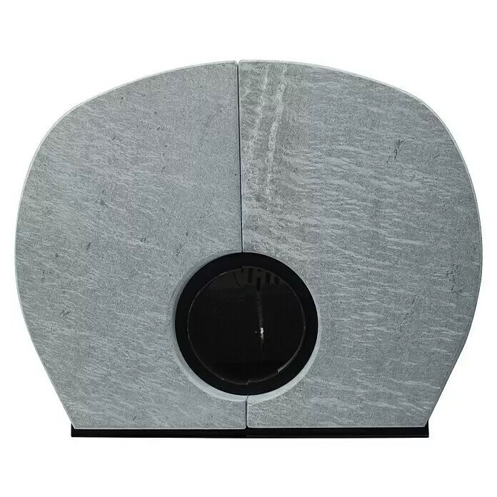 Hark Kaminofen Keno ECOplus - 5 kW, Raumheizvermögen: 138 m³, Material Verkleidung: Stahl, Grau - Grauer, texturierter Gedenkstein mit abgerundeter Oberseite und zentraler dunkler Kreisöffnung, auf schwarzem Sockel.