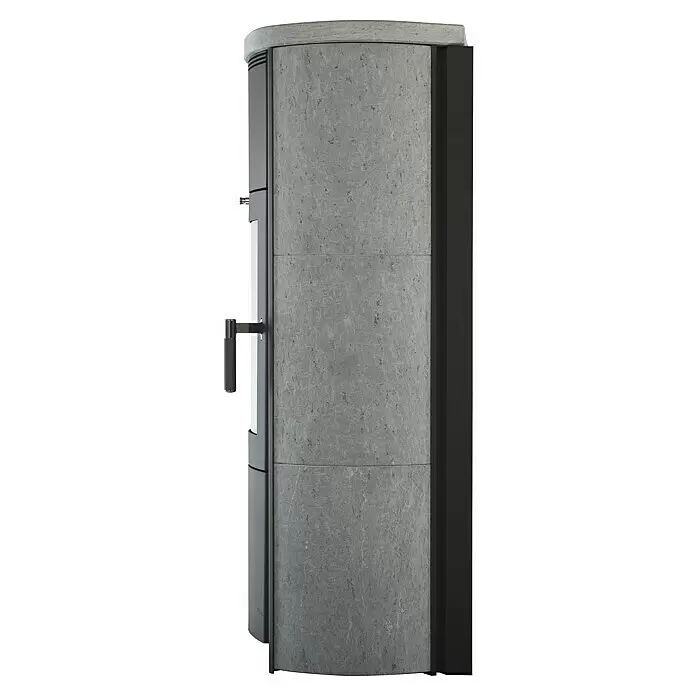 Hark Kaminofen Keno ECOplus - 5 kW, Raumheizvermögen: 138 m³, Material Verkleidung: Stahl, Grau - Freistehender Kaminofen mit grauer Steinverkleidung und dunklen Metallakzenten.