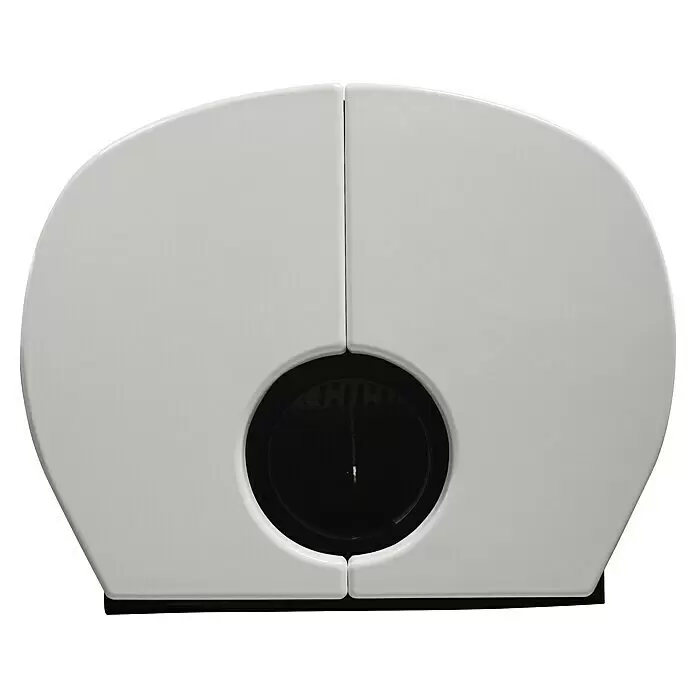 Hark Kaminofen Keno ECOplus - 5 kW, Raumheizvermögen: 138 m³, Material Verkleidung: Keramik, Creme/Weiß - Modernes weißes zweiteiliges Gerät mit abgerundeter Oberseite und zentraler schwarzer Kreisöffnung.