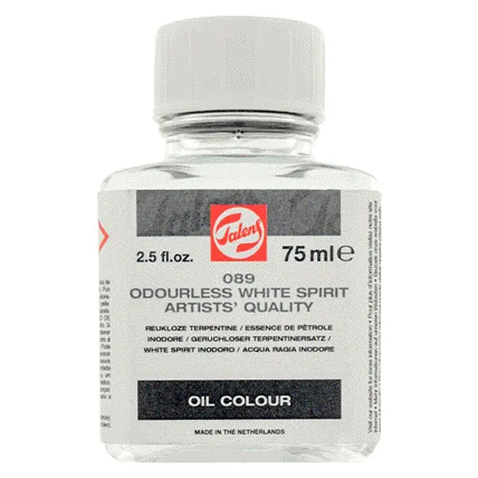 Talens Disolvente especial White Spirit - Inoloro, 75 ml - Imagen del producto de una botella de 75 ml de Talens White Spirit inodoro para artistas, ideal para colores al óleo.