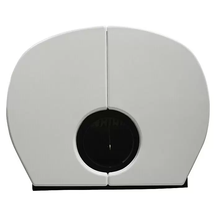 Hark Kaminofen Keno ECOplus - 7 kW, Raumheizvermögen: 193 m³, Material Verkleidung: Keramik, Creme/Weiß - Weißer glänzender Spender mit zentraler schwarzer Kreisöffnung und schwarzem Sockel.