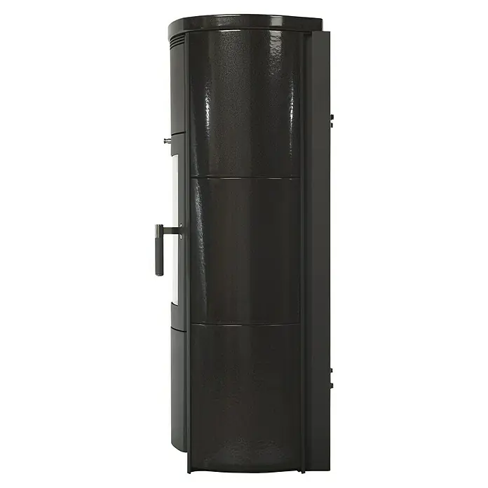 Hark Kaminofen Keno ECOplus - 7 kW, Raumheizvermögen: 193 m³, Material Verkleidung: Keramik, Meteor-Schwarz - Detailansicht des modernen schwarzen Kaminofens, der durch sein schlankes Design und die hochwertige Verarbeitung besticht. Ein Blickfang für jedes Zuhause.