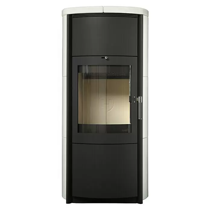 Hark Kaminofen Keno ECOplus - 7 kW, Raumheizvermögen: 193 m³, Material Verkleidung: Keramik, Creme/Weiß - Zeitgemäßer dunkelgrau-weißer Holzofen mit Glastür.