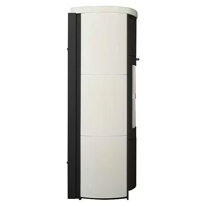 Hark Kaminofen Keno ECOplus - 7 kW, Raumheizvermögen: 193 m³, Material Verkleidung: Keramik, Creme/Weiß - Moderner Pelletofen mit glänzenden weißen Frontplatten und dunkelgrauen Seitenpaneelen.