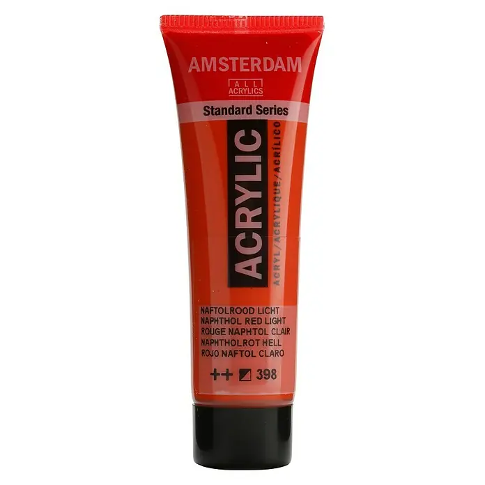 Talens Amsterdam Pintura acrílica Standard - Rojo naftol claro, 20 ml, Tubo - Primer plano de un tubo de pintura acrílica Amsterdam, serie estándar, en rojo naftol claro vibrante, ideal para artistas.
