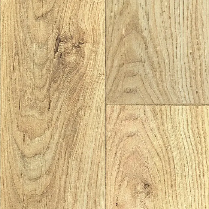 LOGOCLIC Laminado Roble Álamo - 1.380 x 193 x 8 mm, Roble Álamo, AC5 - Primer plano de un suelo de roble marrón claro con patrones de vetas de madera naturales y nudos para un aspecto rústico.