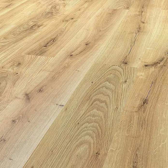 LOGOCLIC Laminado Roble Álamo - 1.380 x 193 x 8 mm, Roble Álamo, AC5 - Suelo laminado claro con aspecto de madera. La superficie muestra vetas naturales y nudos, dando al suelo una apariencia auténtica.