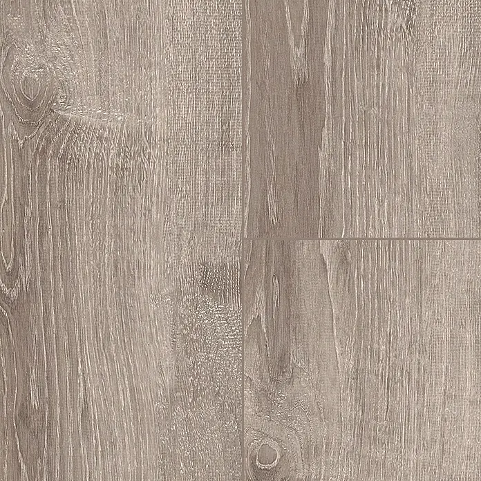 Laminado Roble Cuarzo - 1.380 x 193 x 10 mm, AC5 - Un primer plano de cuatro baldosas de suelo de madera beige que muestran un patrón de madera realista y cálido con vetas y nudos.