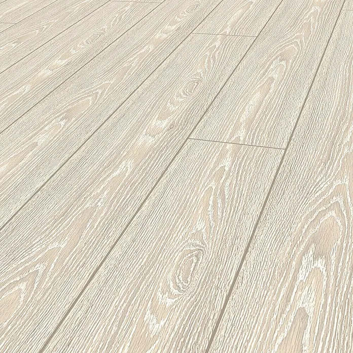 Laminado Roble Jazmín - 1.380 x 193 x 7 mm, AC3 - Atractiva foto de suelo laminado en un tono de color claro, con un grano de madera natural. Ideal para el diseño moderno del hogar.