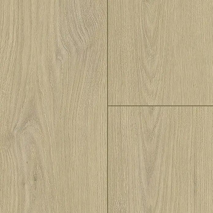 Laminado Roble Sándalo - 1.380 x 193 x 8 mm, Roble Sándalo, AC4 - Primer plano de suelo laminado marrón claro con vetas de madera natural y juntas visibles.