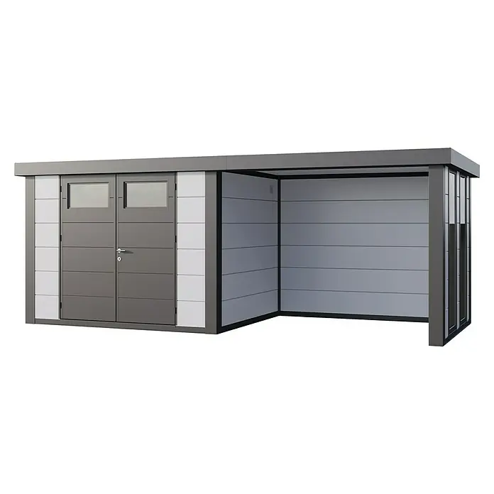 Telluria Metallgerätehaus Classico 3024 mit Lounge S rechts inkl. 2 Fenster - Außenmaß inkl. Dachüberstand (B x T): 602 x 258 cm, Stahl, Weiß/Anthrazit, Ohne Set - Abgebildeter, moderner Geräteschuppen in Grau mit Doppeltür und offenem Bereich. Ideal für die Aufbewahrung von Gartengeräten und als Unterstand.