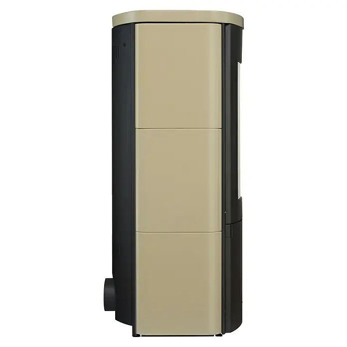 Hark Kaminofen Lova ECOplus - 6 kW, Raumheizvermögen: 165 m³, Material Verkleidung: Keramik, Creme - Seitenansicht eines Pelletofens mit glatten, cremefarbenen Paneelen und einem schlanken, dunklen Rahmen für ein modernes Ambiente.