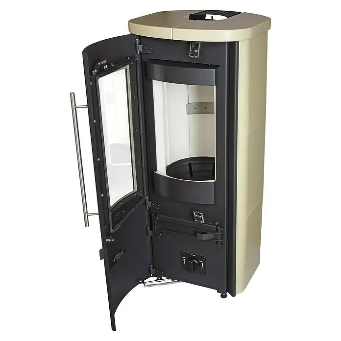 Hark Kaminofen Lova ECOplus - 6 kW, Raumheizvermögen: 165 m³, Material Verkleidung: Keramik, Creme - Offener Kaminofen mit Glastür und Bedienelementen für gemütliche Wärme und stilvolles Design im Wohnraum.