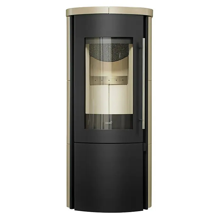 Hark Kaminofen Lova ECOplus - 6 kW, Raumheizvermögen: 165 m³, Material Verkleidung: Keramik, Creme - Ein eleganter Kaminofen in Schwarz und Beige. Das Hark-Modell besticht durch sein modernes Design und die hochwertige Verarbeitung für gemütliche Wärme.