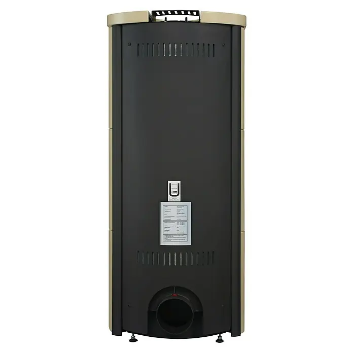 Hark Kaminofen Lova ECOplus - 6 kW, Raumheizvermögen: 165 m³, Material Verkleidung: Keramik, Creme - Rückansicht des Pelletofens mit Lüftungsschlitzen, Rohr und technischen Datenetikett. Ideal zum Beheizen von Wohnräumen.