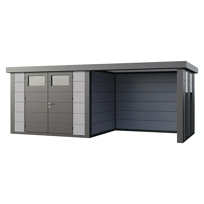 Telluria Metallgerätehaus Classico 3024 mit Lounge S rechts inkl. 2 Fenster - Außenmaß inkl. Dachüberstand (B x T): 602 x 258 cm, Stahl, Lichtgrau/Anthrazit, Ohne Set - Ein modernes Gartenhaus mit Doppeltür, Fenstern und einem überdachten Bereich, ideal für die Lagerung und als Wetterschutz.