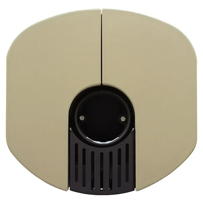 Hark Kaminofen Lova ECOplus - 6 kW, Raumheizvermögen: 165 m³, Material Verkleidung: Keramik, Creme - Nahaufnahme eines Heizgeräts mit beiger Oberfläche und schwarzem Gitter, das moderne Wärme und Design vereint.