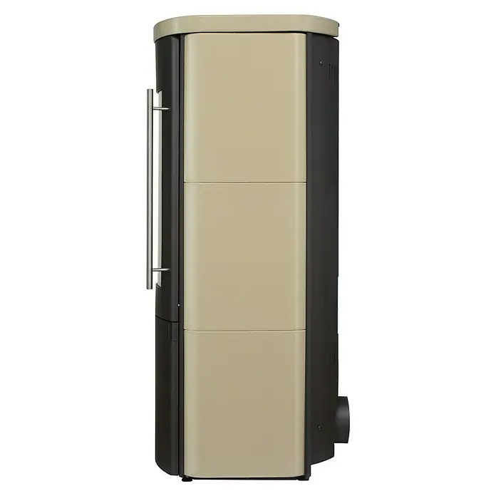 Hark Kaminofen Lova ECOplus - 6 kW, Raumheizvermögen: 165 m³, Material Verkleidung: Keramik, Creme - Seitenansicht eines Ofens mit schwarzem Rahmen und beige Einsätzen, der Wärme und Stil vereint.\n
