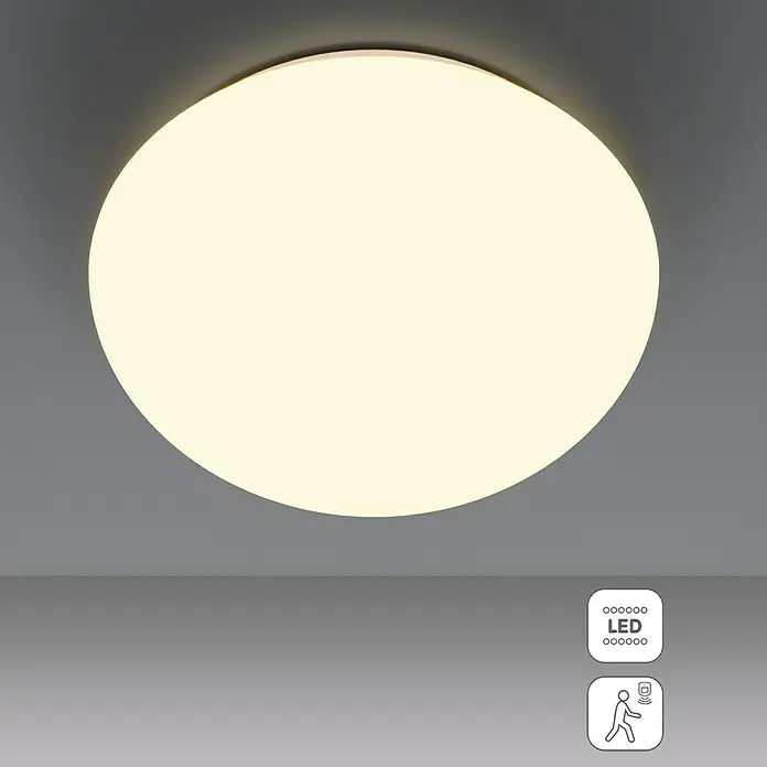 Tween Light LED-Sensor-Deckenleuchte rund Eco - Ø x H: 26 x 8,5 cm, Opal/Weiß, Warmweiß - Abgebildete LED-Deckenleuchte, rund und flach, sorgt für eine helle und gleichmäßige Ausleuchtung des Raumes. Modernes Design für jeden Wohnbereich.