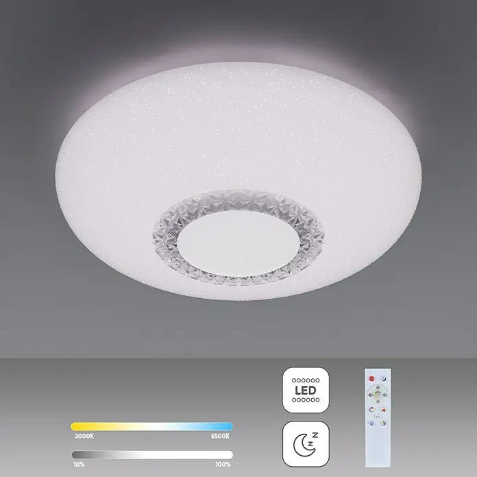 Tween Light LED-Deckenleuchte rund Mara - 60 W, Ø x H: 60 x 10,5 cm, Weiß/Klar, Mehrfarbig - Nahaufnahme einer LED-Deckenleuchte mit funkelndem Effekt und Fernbedienung zur Steuerung von Lichtfarbe und Helligkeit.
