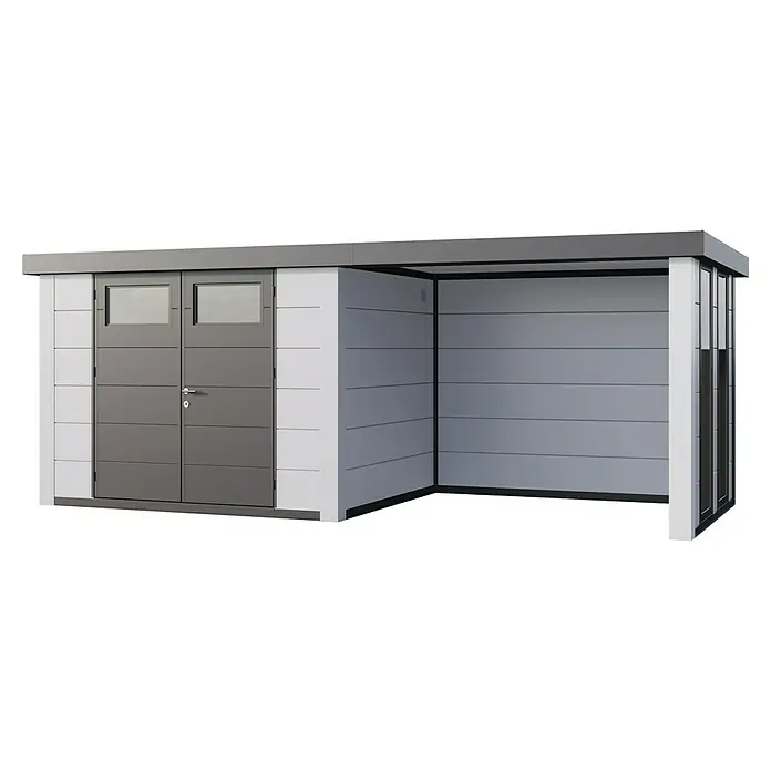 Telluria Metallgerätehaus Classico 3024 mit Lounge S rechts inkl. 2 Fenster - Außenmaß inkl. Dachüberstand (B x T): 602 x 258 cm, Stahl, Weiß, Ohne Set - Modernes Gartenhaus mit Doppeltür und offenem Anbau, ideal für Geräte oder als überdachter Sitzplatz. Das Haus besticht durch sein schlichtes Design.