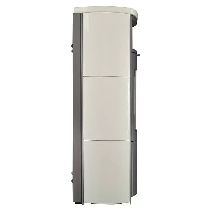 Hark Kaminofen Nika ECOplus - 5 kW, Raumheizvermögen: 138 m³, Material Verkleidung: Keramik, Creme/Weiß - Seitenansicht eines hohen, weißen Geräts mit grauen Seitenwänden, mit drei vertikalen Abschnitten.