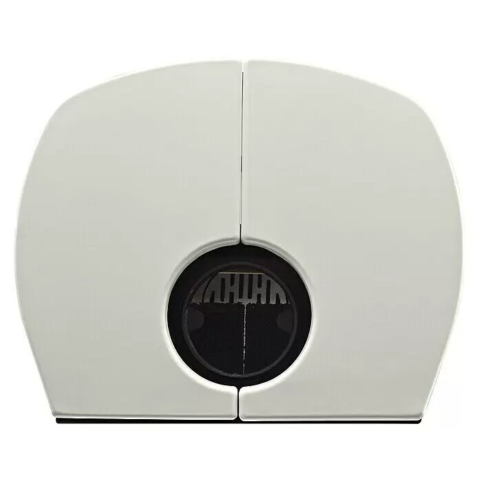 Hark Kaminofen Nika ECOplus - 5 kW, Raumheizvermögen: 138 m³, Material Verkleidung: Keramik, Creme/Weiß - Weiße zusammenklappbare Personenwaage mit kreisförmiger Anzeige in der Mitte.