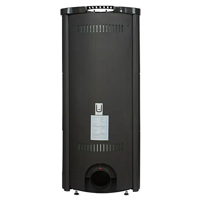 Hark Kaminofen Lova ECOplus - 6 kW, Raumheizvermögen: 165 m³, Material Verkleidung: Keramik, Schwarz - Rückansicht eines schwarzen Pelletofens mit Lüftungsschlitzen und einem Etikett, das technische Daten enthält.