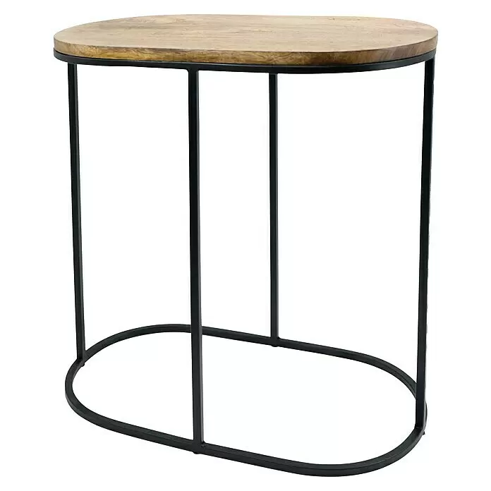 Beistelltisch Modern - 45 x 26 x 52 cm, Holz - Ovaler Beistelltisch mit Naturholzplatte und schwarzem Metallgestell.