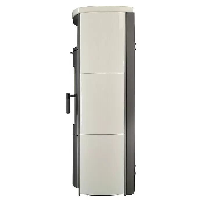 Hark Kaminofen Nika ECOplus - 5 kW, Raumheizvermögen: 138 m³, Material Verkleidung: Keramik, Creme/Weiß - Moderner cremefarbener Holzofen mit dunkelgrauem Rahmen und Griff.