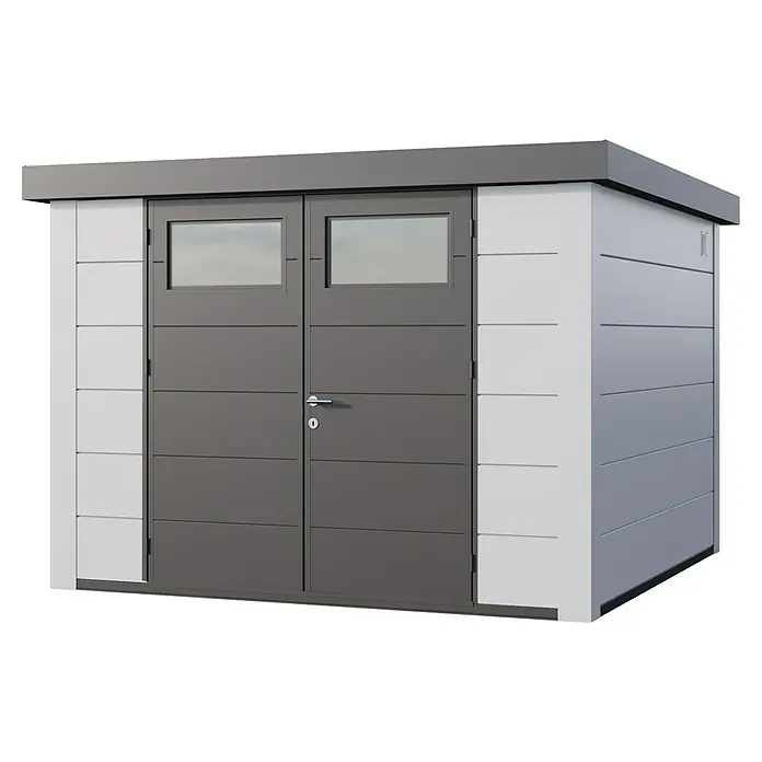 Telluria Metallgerätehaus Classico 3330 inkl. Elektro-Set - Außenmaß inkl. Dachüberstand (B x T): 348 x 318 cm, Stahl, Weiß, Inkl. Innenwandverkleidung & Elektro-Set - Ein modernes Gartenhaus mit doppelter Tür und Fenstern, ideal für die Aufbewahrung von Gartengeräten.
