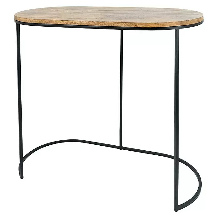 Beistelltisch Modern - 60 x 31 x 62 cm, Holz - Ovaler Konsolentisch mit heller Holzplatte und schwarzem, gebogenem Metallgestell.