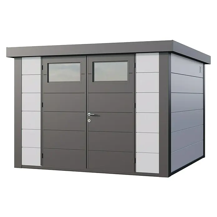 Telluria Metallgerätehaus Classico 3330 inkl. Elektro-Set - Außenmaß inkl. Dachüberstand (B x T): 348 x 318 cm, Stahl, Weiß/Anthrazit, Inkl. Innenwandverkleidung & Elektro-Set - Eine moderne Gerätehütte mit Doppeltür und Fenster für den Garten. Ideal für die Aufbewahrung von Gartengeräten und Werkzeugen.