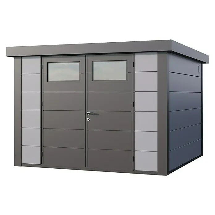 Telluria Metallgerätehaus Classico 3330 inkl. Elektro-Set - Außenmaß inkl. Dachüberstand (B x T): 348 x 318 cm, Stahl, Lichtgrau/Anthrazit, Inkl. Innenwandverkleidung & Elektro-Set - Ein modernes, graues Gartenhaus mit Doppeltür und Fenstern. Das Gartenhaus bietet viel Stauraum für Gartengeräte und andere Utensilien.