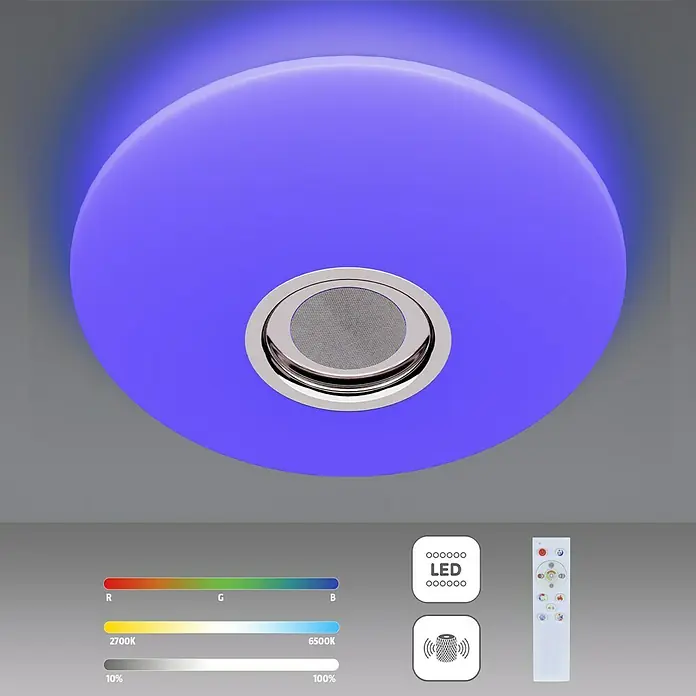 Tween Light LED-Deckenleuchte rund - 24 W, Weiß, RGBW - Eine blaue LED-Deckenleuchte mit Lautsprecher und Fernbedienung. Die Lampe ist rund und leuchtet in einem hellen Blauton.