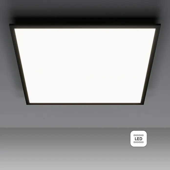 Tween Light LED-Panel Schwarz - 33 W, L x B x H: 59,5 x 59,5 x 5 cm, Schwarz, Neutralweiß - Das Bild zeigt eine moderne, quadratische LED-Deckenleuchte mit einem schlanken, dunklen Rahmen und einem hellen, diffusen Licht.