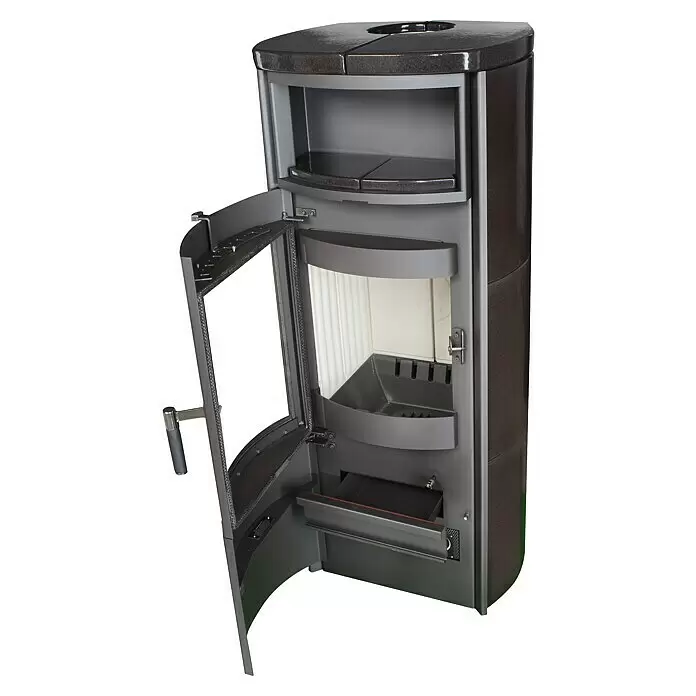 Hark Kaminofen Nika ECOplus - 7 kW, Raumheizvermögen: 193 m³, Material Verkleidung: Keramik, Schwarz - Dunkelgrauer Holzofen mit Metallic-Finish, offener Glastür, sichtbarem Brennraum, Aschekasten und oberem Ablagefach.